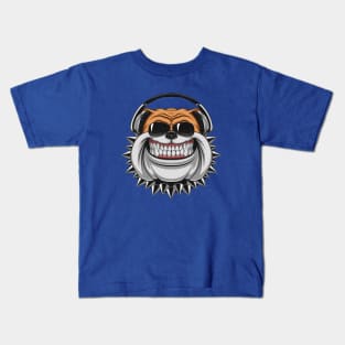 Funny bulldog wearing headphones listening to music, smiling Kids T-Shirt